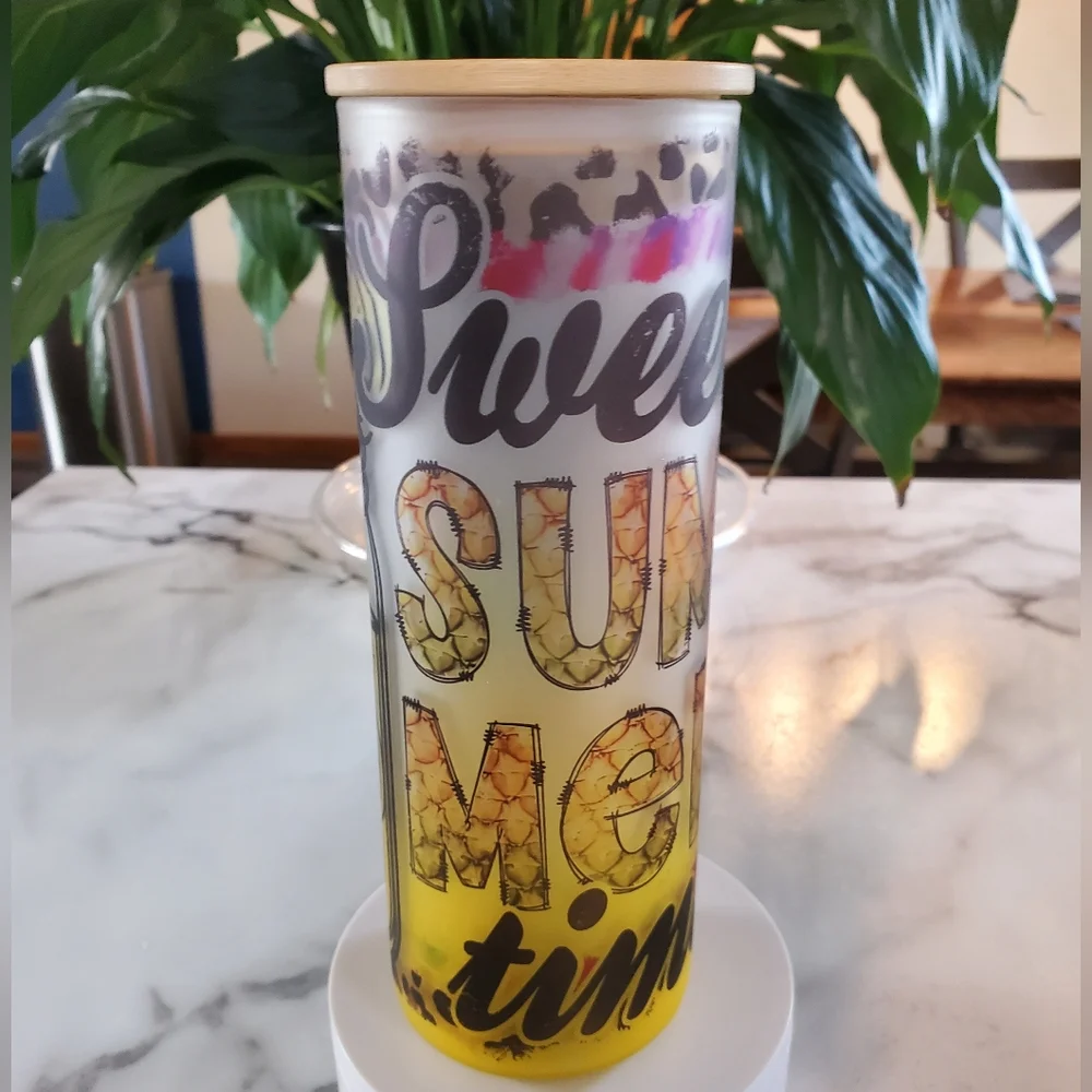 Sweet SUMMER time 20oz Gradient Yellow Glass Tumbler with duo lids 🎉sale